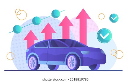 Planeje o futuro automotivo. Carro com setas ascendentes. Modernização e afinação de automóveis. Personalização e protótipo de auto. Ilustração de vetor plano isolada no plano de fundo branco