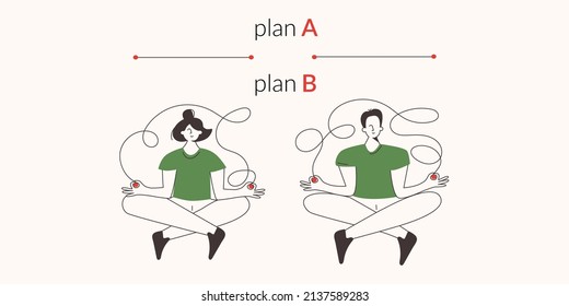 Plan B Alternative difficult path concept vector illustration. People's challenge to choose strategy. Men with chaos way. Positive woman thinking route. Straight decision vs messy and hard curve