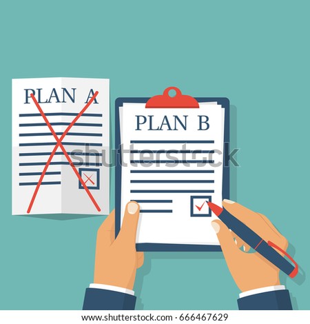 Plan B. Businessman hold clipboard in hand. Plan A failed. White crumpled sheet on table. Pen writes. Vector illustration flat design. Isolated on background. Success solution. Alternative idea.