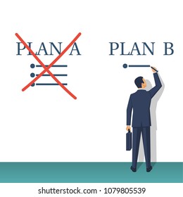 Plan B. Businessman passes to the second plan. Plan A failed. Vector illustration flat design. Isolated on background. Success solution. Alternative idea.
