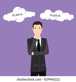 plan a plan b businessman think using suit and tie and cloud sign vector graphic illustration