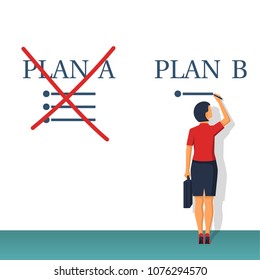 Plan B. Businesswoman passes to the second plan. Plan A failed. Vector illustration flat design. Isolated on background. Success solution. Alternative idea.