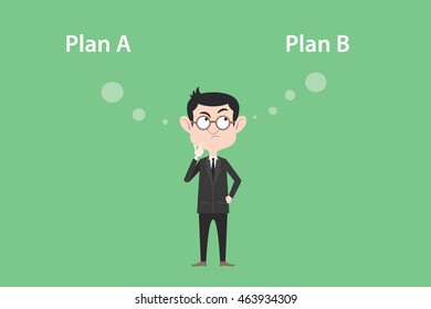 plan a or plan b concept with businessman standing confuse to choose between two option vector graphic illustration