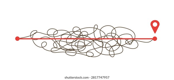 Plan B concept. Expectation and reality concept with straight and curved lines from start to finish point. Minimalistic Vector illustration.
