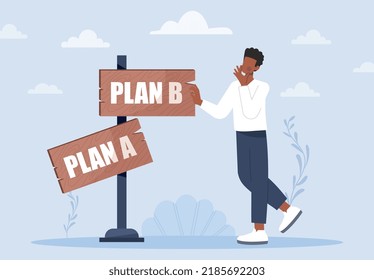 Concepto del plan B. Hombre en el camino delante de las señales. Estrategia de cambios de caracteres después del fallo de la primera idea. Planes de personas creativas. Una metáfora de personalidad atractiva. Dibujo vectorial plano de dibujos animados