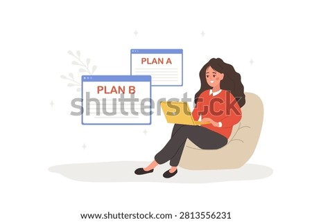 Plan B concept. Strategic planning and decision making with woman choosing between plan A and plan B for her business success. Vector illustration in flat cartoon style.