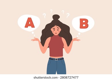 Plan B concept. Woman leader with strategic choice and difficult decision for plan A or plan B for business growth and future success. Vector illustration in flat cartoon style.
