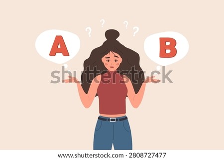 Plan B concept. Woman leader with strategic choice and difficult decision for plan A or plan B for business growth and future success. Vector illustration in flat cartoon style.