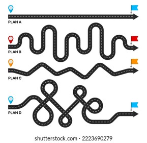 Plan B. Punto de destino. Expectativa, camino de la realidad, posible desafío de escenario o camino difícil hacia el objetivo, estrategia alternativa de éxito o camino a la vida objetivo complicado, vector