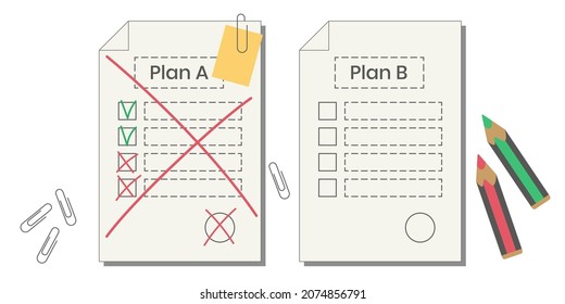 Plan B. Plan A failed. Sheets of paper with business strategy, positive and negative scenario.  Success solution. Alternative idea. Vector illustration on white background