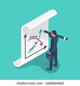 Plan A and plan B on financial chart. Graph on blackboard. Businessman passes to second option. Vector illustration isometric design. Up and down arrow as symbol of success solution and failure.