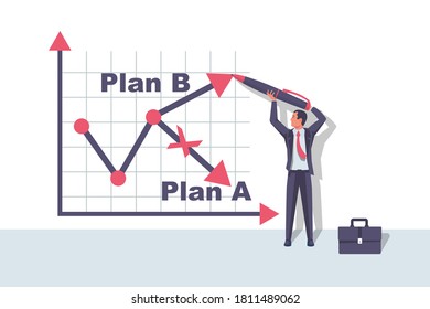 Plan A and plan B on financial chart. Graph on blackboard. Businessman passes to second option. Vector illustration flat design. Up and down arrow as symbol of success solution and failure.