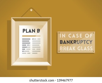 Plan B in the picture frame and tablet with text In case of bankruptcy break the glass. Vintage style sepia colors illustration.
Idea - Business bankruptcy solution and unexpected situations. Enjoy!