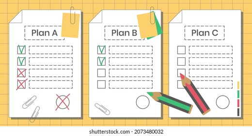 Plan B. Sheets of paper with business strategy, positive and negative scenario. Plan A failed. Success solution. Alternative idea. Vector illustration on yellow background