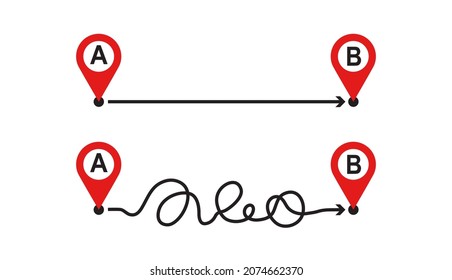 Plan B vector concept, way from point A to B on map, straight and difficult path, challenge icon. Planning and reality illustration