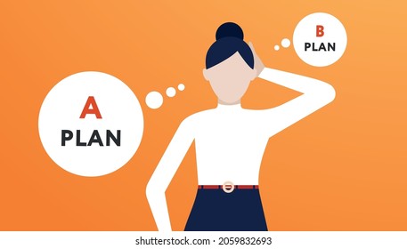 Plan b. Vector illustration in flat design. Office woman thinks about plan a and plan b