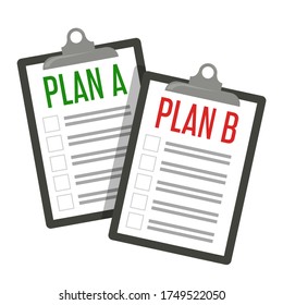 Plan A and plan B vector isolated. Business strategy, positive and negative scenario. Paper sheet on the clipboard.