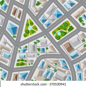 Plan for the big city with streets, roofs, cars. 