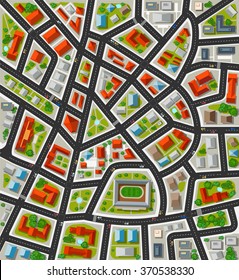Plan for the big city with streets, roofs, cars. Town in map top view.