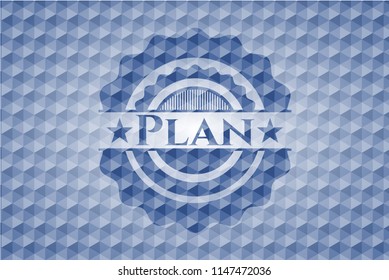 Plan blue hexagon badge.
