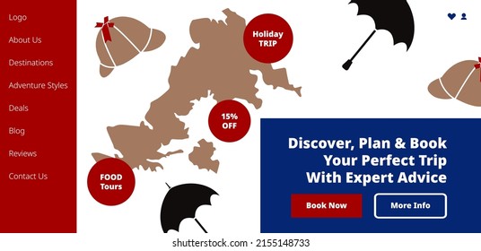 Plan and book your perfect trip with expert advice. Website of a travel agency with recommendations for visiting country. Adventures and exploration, discoveries and fun. Vector in flat style