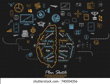 Plan Brain Sketch, Text various -  modern Idea and Concept Vector illustration Business Infographic template with icon,arrow.