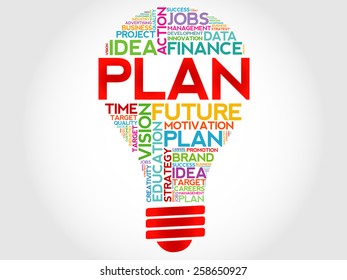 PLAN bulb word cloud, business concept