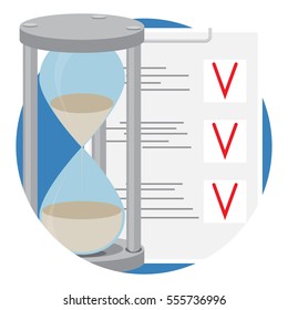 Plan business time icon flat. Hourglass and to do list. Vector illustration