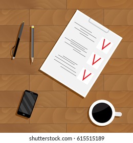 Plan business work. Checklist on table, vector illustration