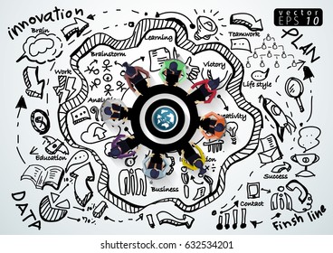Plan Businessman and Lady Brainstorm Propel Cog, Success modern Idea and Concept Vector illustration   with Line,arrow,Text various,Icon.
