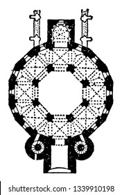 Plan of Cathedral at Aix to la to Chapelle AD 796 an example of Romanesque and Gothic architecture in Germany The scale is in feet the exception of the church built at Trèves vintage 