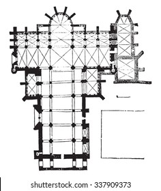 Plan of the cathedral of Carcassonne, vintage engraved illustration. Industrial encyclopedia E.-O. Lami - 1875.
