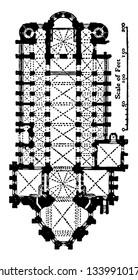 Plan of Cathedral at Mainz AD 976 an example of Romanesque and Gothic architecture most important churches vintage line drawing or engraving illustration.