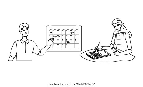 plan checking planner vector. check date, note work, event notebook plan checking planner character. people black line pencil drawing illustration