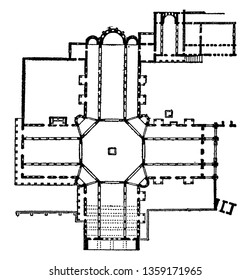 El Plan de la Iglesia de Kalat Seman es considerado como una de las iglesias más antiguas del mundo, dibujo vintage o ilustración de grabado.