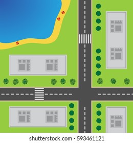 Plan Of City. Top view of the city with the road, crossroad, high-rise buildings, trees,  shrubs and the beach.