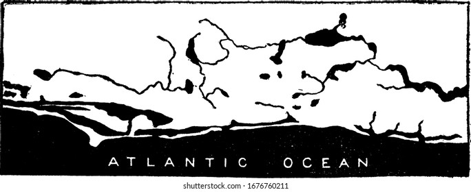 El plano de las barras costeras y las lagunas, una masa poco profunda de agua separada de una masa mayor de agua por islas o arrecifes de barrera; Costa de la Florida, dibujo vintage o ilustración grabadora.