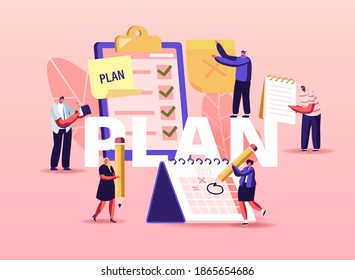 Plan Concept. Business Characters at Huge Clipboard with Check List Filling Marks Searching Solution, Scheduling, Inspiration Creative Process Poster, Banner, Flyer. Cartoon People Vector Illustration