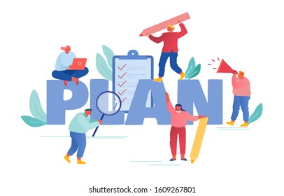 Plan Concept. Businesspeople Holding Office Stationery Magnifying Glass, Pencil and Loudspeaker, Filling Checklist Put Marks on Paper Poster Banner Flyer Brochure. Cartoon Flat Vector Illustration