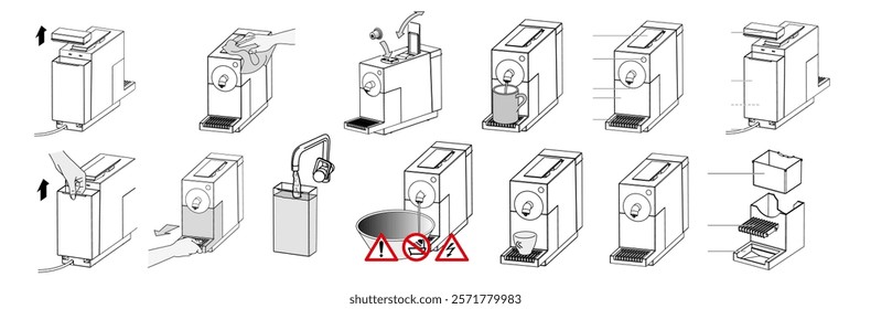 Plan diagram of the image of a horn coffee machine in different angles in vector on an isolated white background.