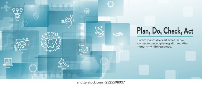 Plano Do Check Act Estratégia Comercial e Procedimento para Melhoramento Contínuo Conjunto de Ícones e Banner de Cabeçalho da Web