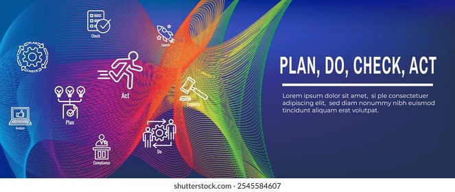 Plan Do Check Act Estrategia de negocio y procedimiento para el conjunto de iconos de mejora continua y Anuncio de encabezado de Web