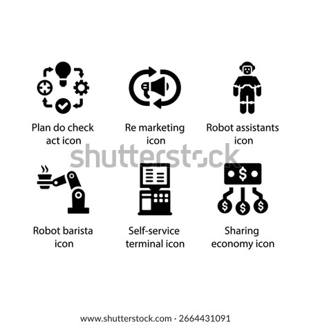 Plan do check act, Re marketing, Robot assistants, Robot barista, Self-service terminal, Sharing economy, icon