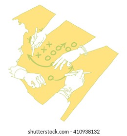 A plan or document on a flat surface with the shapes of two people. working on the document. The people are seen as negative shapes cut out of the paper.