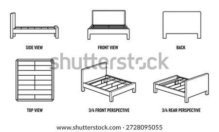 Plan drawing for bed frame. Includes perspective side, front, back, top views. Line drawing for dieline vector design.