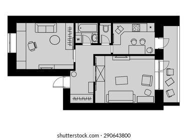 Plan drawing one-bedroom apartment with furniture on a gray background. Vector illustration