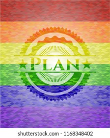 Plan emblem on mosaic background with the colors of the LGBT flag