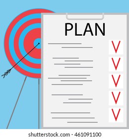 Plan is executed, goal is achieved. Target and bullseye, dart board and bulls eye target. Vector illustration