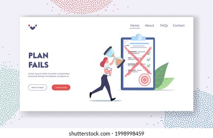 Plan Fails Landing Page Template. Tiny Female Character Run with Huge Sandglass and Paper Document with Red Cross. Office Employee Need to Rework Bad Work in Office. Cartoon People Vector Illustration