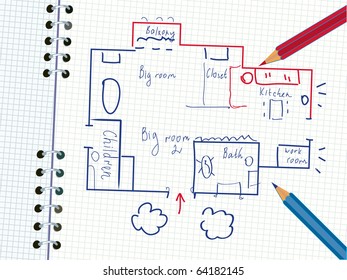 Plan of the family house in the notebook with pencils